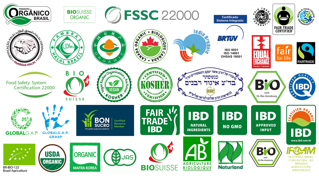 kosher, bonsucro, halal, organicos do brasil, fscc 2000, gacc, aqsiq