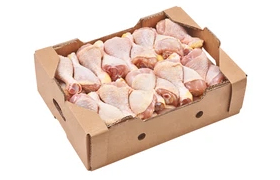 raw peel fresh chicken drum stick or leg pieces arranged inside brown carton box ready to freeze for export