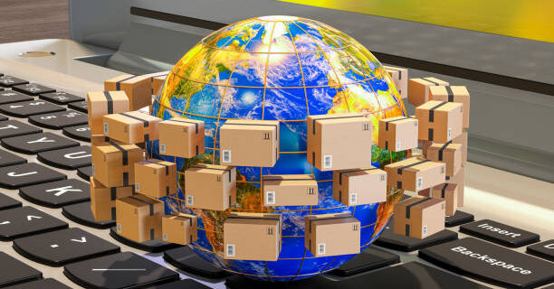 Earth Globe with parcels around on keyboard of laptop. Global shipping and delivery concept, 3D rendering. The source of the map - https://svs.gsfc.nasa.gov/3615