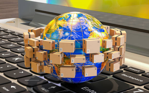 Earth Globe with parcels around on keyboard of laptop. Global shipping and delivery concept, 3D rendering. The source of the map - https://svs.gsfc.nasa.gov/3615